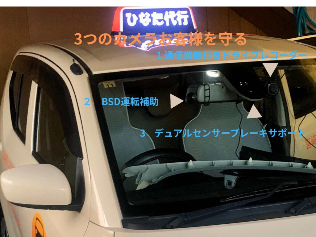 ひなた代行の車両安全装備 3つのカメラでお客様を守る