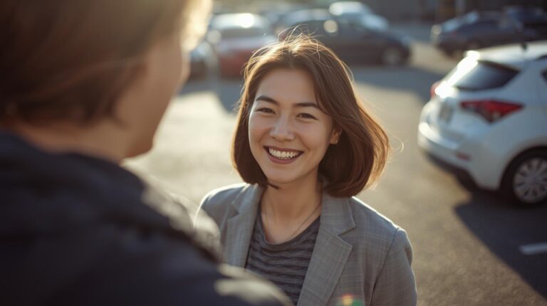 待ち合わせ場所　　合流　　二人　　日本人　　駐車場　　女性　　笑顔
