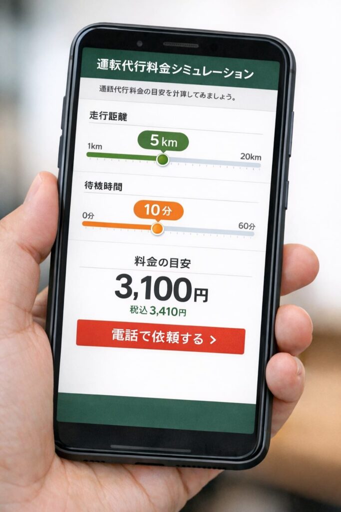 宮崎市の運転代行料金をスマホで確認するイメージ