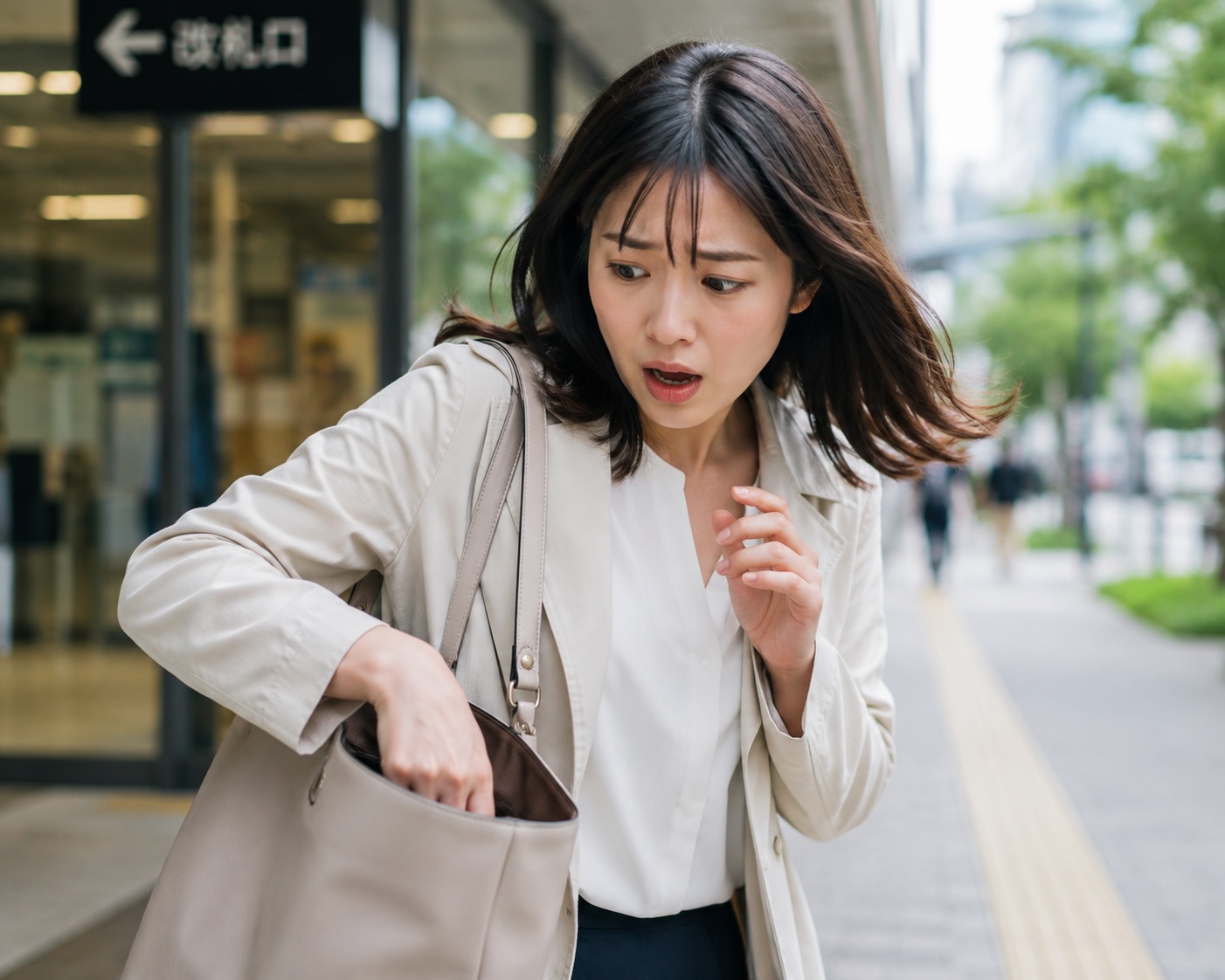 移動前にバッグの中の持ち物を確認する女性
