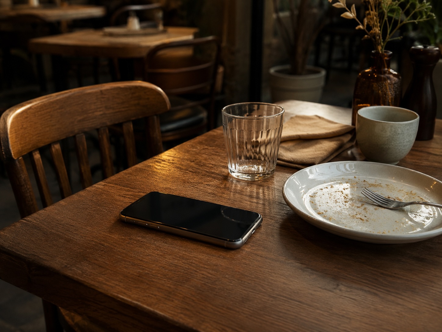 飲食店のテーブルに置き忘れられたスマートフォン